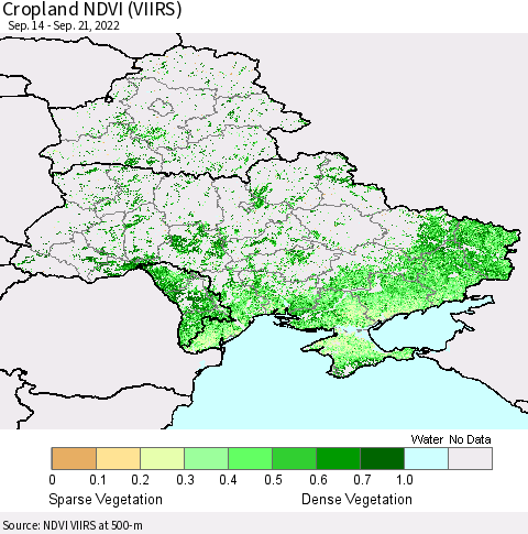 Ukraine, Moldova and Belarus Cropland NDVI (VIIRS) Thematic Map For 9/14/2022 - 9/21/2022