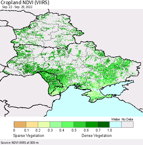 Ukraine, Moldova and Belarus Cropland NDVI (VIIRS) Thematic Map For 9/22/2022 - 9/29/2022