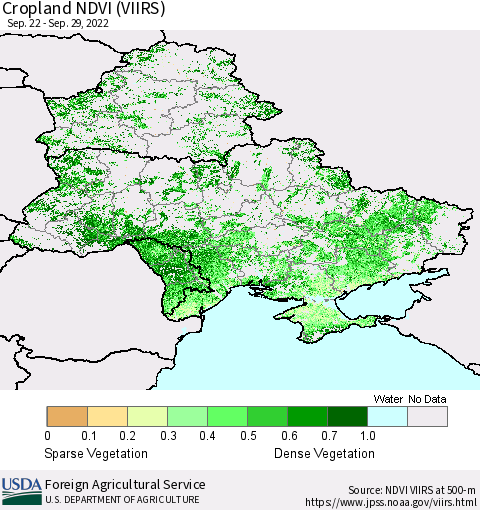 Ukraine, Moldova and Belarus Cropland NDVI (VIIRS) Thematic Map For 9/21/2022 - 9/30/2022