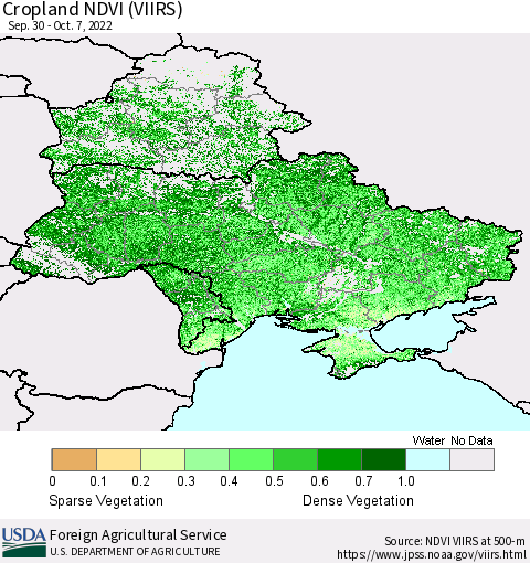 Ukraine, Moldova and Belarus Cropland NDVI (VIIRS) Thematic Map For 10/1/2022 - 10/10/2022