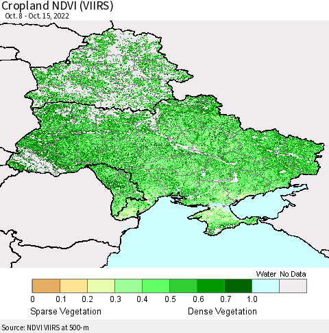 Ukraine, Moldova and Belarus Cropland NDVI (VIIRS) Thematic Map For 10/8/2022 - 10/15/2022