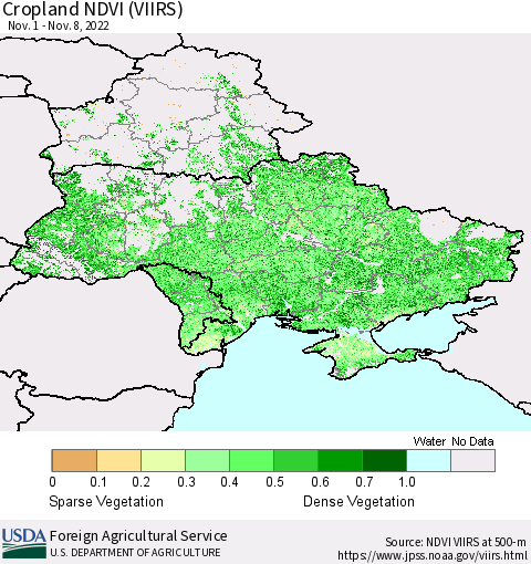 Ukraine, Moldova and Belarus Cropland NDVI (VIIRS) Thematic Map For 11/1/2022 - 11/10/2022
