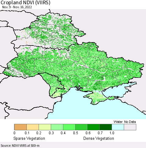 Ukraine, Moldova and Belarus Cropland NDVI (VIIRS) Thematic Map For 11/9/2022 - 11/16/2022