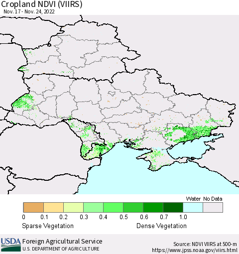 Ukraine, Moldova and Belarus Cropland NDVI (VIIRS) Thematic Map For 11/21/2022 - 11/30/2022