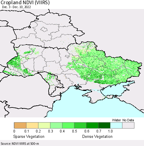 Ukraine, Moldova and Belarus Cropland NDVI (VIIRS) Thematic Map For 12/3/2022 - 12/10/2022