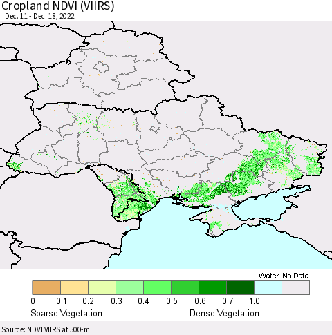 Ukraine, Moldova and Belarus Cropland NDVI (VIIRS) Thematic Map For 12/11/2022 - 12/18/2022