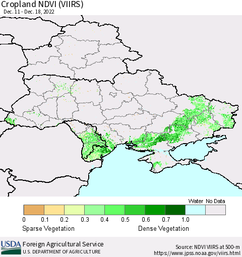 Ukraine, Moldova and Belarus Cropland NDVI (VIIRS) Thematic Map For 12/11/2022 - 12/20/2022