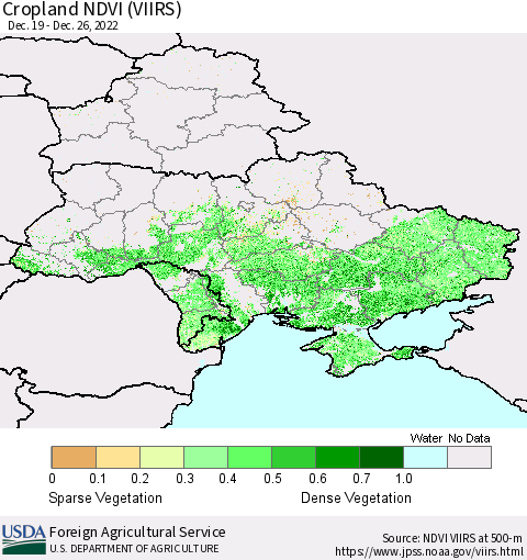 Ukraine, Moldova and Belarus Cropland NDVI (VIIRS) Thematic Map For 12/21/2022 - 12/31/2022