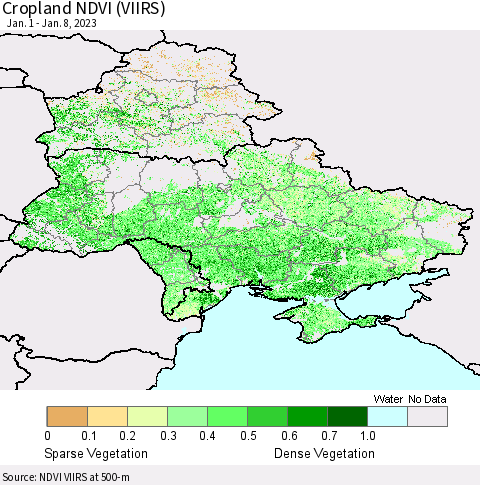 Ukraine, Moldova and Belarus Cropland NDVI (VIIRS) Thematic Map For 1/1/2023 - 1/8/2023