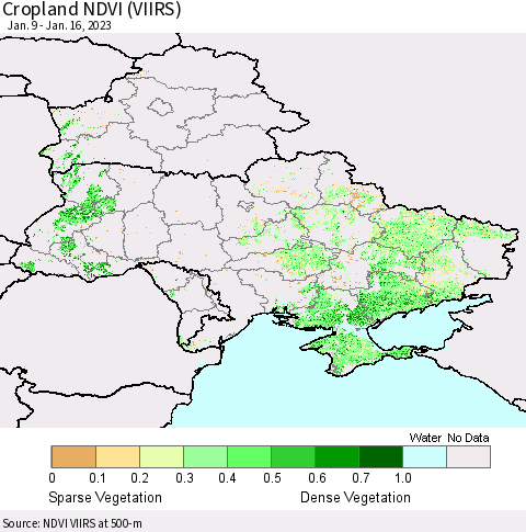 Ukraine, Moldova and Belarus Cropland NDVI (VIIRS) Thematic Map For 1/9/2023 - 1/16/2023