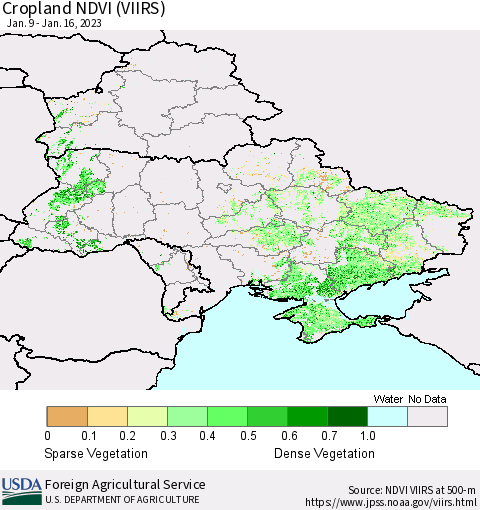 Ukraine, Moldova and Belarus Cropland NDVI (VIIRS) Thematic Map For 1/11/2023 - 1/20/2023