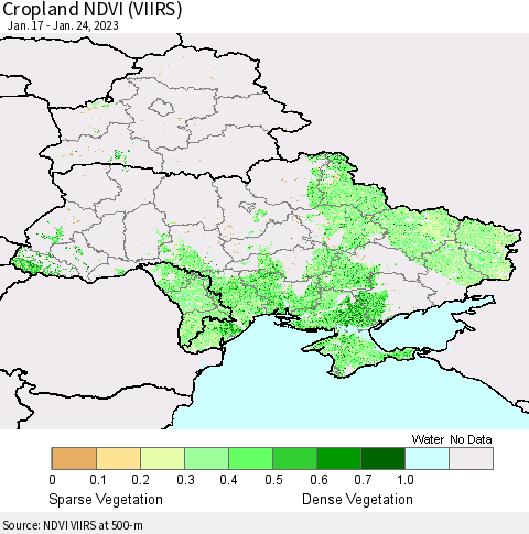 Ukraine, Moldova and Belarus Cropland NDVI (VIIRS) Thematic Map For 1/17/2023 - 1/24/2023