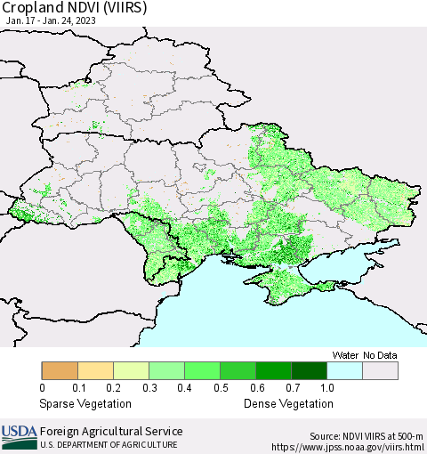 Ukraine, Moldova and Belarus Cropland NDVI (VIIRS) Thematic Map For 1/21/2023 - 1/31/2023