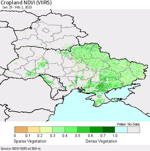 Ukraine, Moldova and Belarus Cropland NDVI (VIIRS) Thematic Map For 1/25/2023 - 2/1/2023