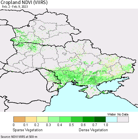 Ukraine, Moldova and Belarus Cropland NDVI (VIIRS) Thematic Map For 2/2/2023 - 2/9/2023