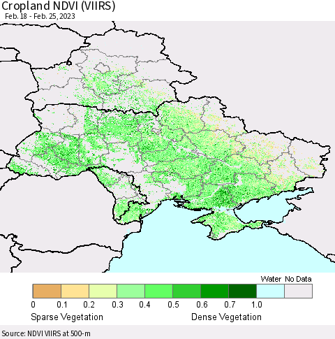 Ukraine, Moldova and Belarus Cropland NDVI (VIIRS) Thematic Map For 2/18/2023 - 2/25/2023
