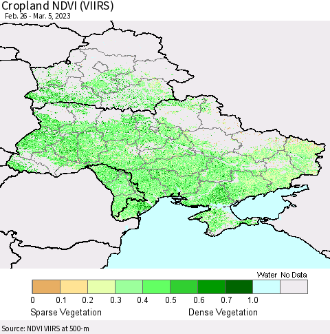 Ukraine, Moldova and Belarus Cropland NDVI (VIIRS) Thematic Map For 2/26/2023 - 3/5/2023