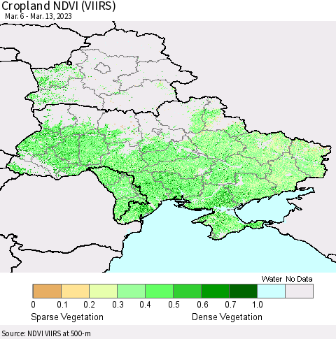 Ukraine, Moldova and Belarus Cropland NDVI (VIIRS) Thematic Map For 3/6/2023 - 3/13/2023