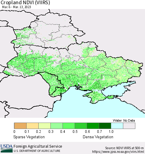 Ukraine, Moldova and Belarus Cropland NDVI (VIIRS) Thematic Map For 3/11/2023 - 3/20/2023