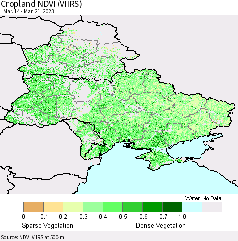 Ukraine, Moldova and Belarus Cropland NDVI (VIIRS) Thematic Map For 3/14/2023 - 3/21/2023