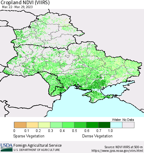Ukraine, Moldova and Belarus Cropland NDVI (VIIRS) Thematic Map For 3/21/2023 - 3/31/2023
