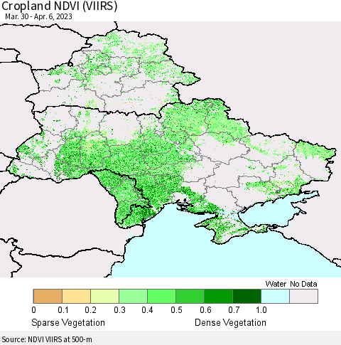 Ukraine, Moldova and Belarus Cropland NDVI (VIIRS) Thematic Map For 3/30/2023 - 4/6/2023