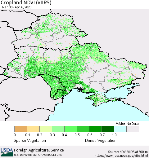 Ukraine, Moldova and Belarus Cropland NDVI (VIIRS) Thematic Map For 4/1/2023 - 4/10/2023