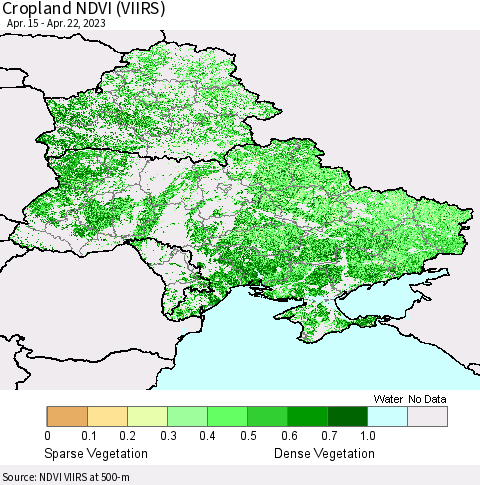 Ukraine, Moldova and Belarus Cropland NDVI (VIIRS) Thematic Map For 4/15/2023 - 4/22/2023