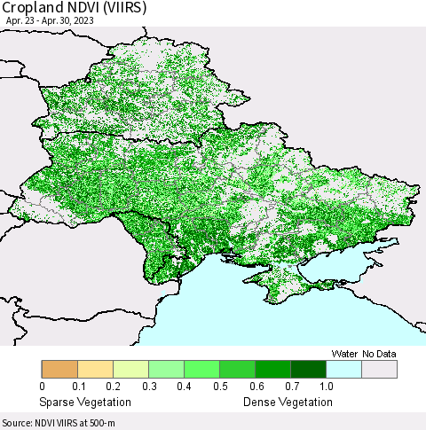 Ukraine, Moldova and Belarus Cropland NDVI (VIIRS) Thematic Map For 4/21/2023 - 4/30/2023