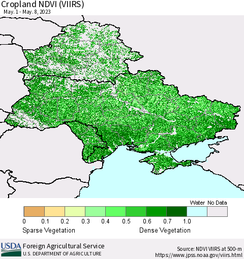 Ukraine, Moldova and Belarus Cropland NDVI (VIIRS) Thematic Map For 5/1/2023 - 5/10/2023
