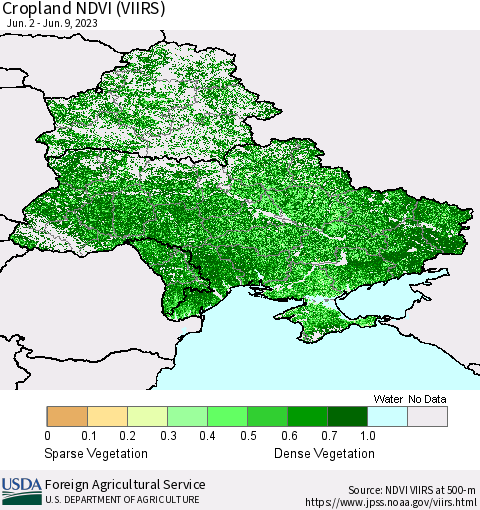 Ukraine, Moldova and Belarus Cropland NDVI (VIIRS) Thematic Map For 6/1/2023 - 6/10/2023