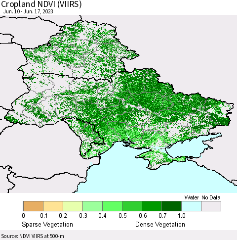 Ukraine, Moldova and Belarus Cropland NDVI (VIIRS) Thematic Map For 6/10/2023 - 6/17/2023