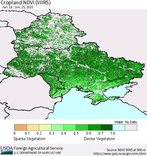 Ukraine, Moldova and Belarus Cropland NDVI (VIIRS) Thematic Map For 6/21/2023 - 6/30/2023