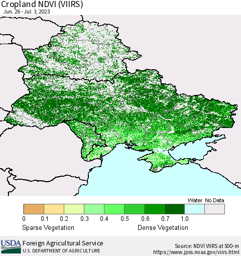 Ukraine, Moldova and Belarus Cropland NDVI (VIIRS) Thematic Map For 7/1/2023 - 7/10/2023