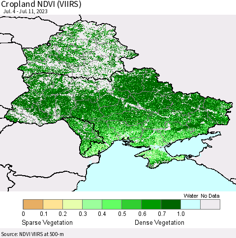 Ukraine, Moldova and Belarus Cropland NDVI (VIIRS) Thematic Map For 7/4/2023 - 7/11/2023
