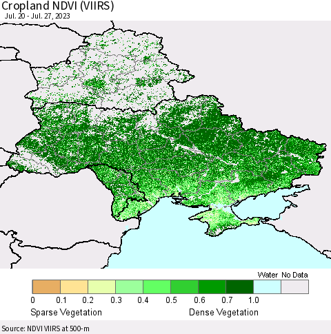 Ukraine, Moldova and Belarus Cropland NDVI (VIIRS) Thematic Map For 7/20/2023 - 7/27/2023