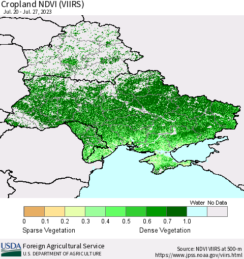 Ukraine, Moldova and Belarus Cropland NDVI (VIIRS) Thematic Map For 7/21/2023 - 7/31/2023