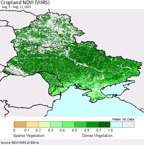 Ukraine, Moldova and Belarus Cropland NDVI (VIIRS) Thematic Map For 8/5/2023 - 8/12/2023