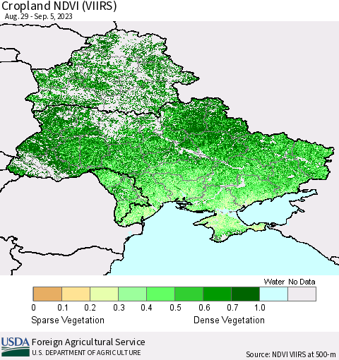 Ukraine, Moldova and Belarus Cropland NDVI (VIIRS) Thematic Map For 9/1/2023 - 9/10/2023