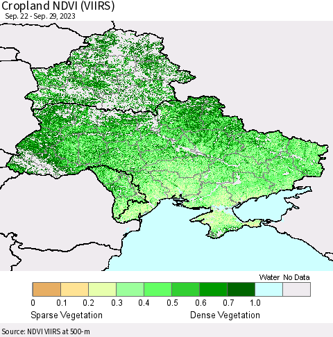 Ukraine, Moldova and Belarus Cropland NDVI (VIIRS) Thematic Map For 9/22/2023 - 9/29/2023