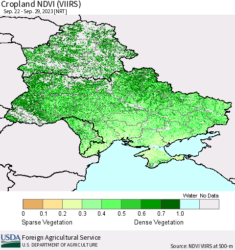 Ukraine, Moldova and Belarus Cropland NDVI (VIIRS) Thematic Map For 9/21/2023 - 9/30/2023