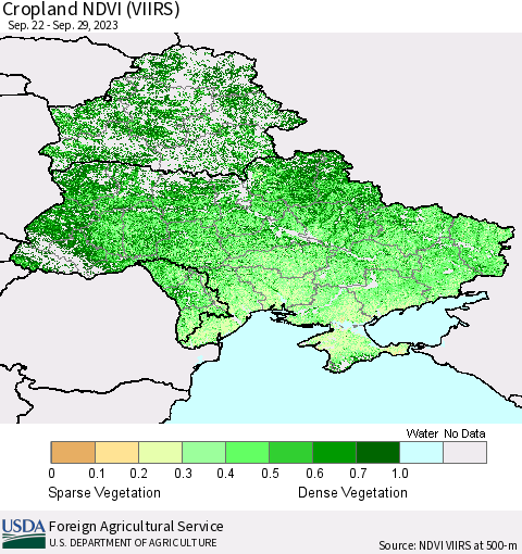 Ukraine, Moldova and Belarus Cropland NDVI (VIIRS) Thematic Map For 9/21/2023 - 9/30/2023