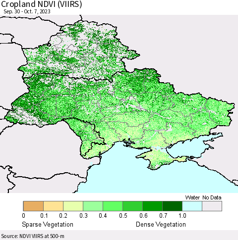 Ukraine, Moldova and Belarus Cropland NDVI (VIIRS) Thematic Map For 9/30/2023 - 10/7/2023