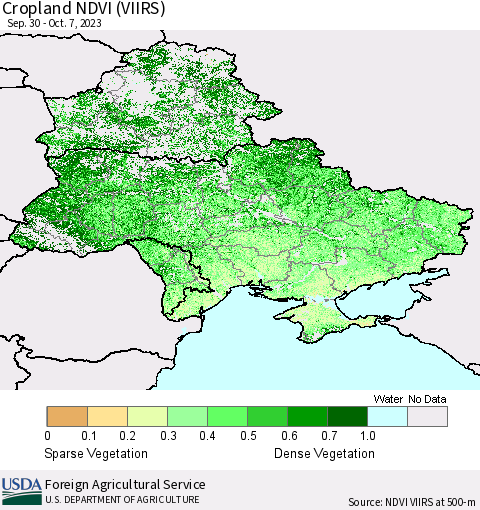 Ukraine, Moldova and Belarus Cropland NDVI (VIIRS) Thematic Map For 10/1/2023 - 10/10/2023