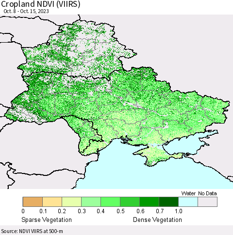 Ukraine, Moldova and Belarus Cropland NDVI (VIIRS) Thematic Map For 10/8/2023 - 10/15/2023