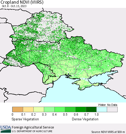 Ukraine, Moldova and Belarus Cropland NDVI (VIIRS) Thematic Map For 10/11/2023 - 10/20/2023