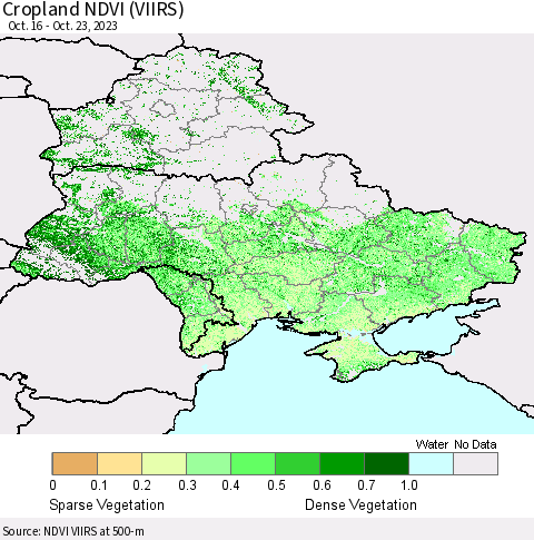 Ukraine, Moldova and Belarus Cropland NDVI (VIIRS) Thematic Map For 10/16/2023 - 10/23/2023