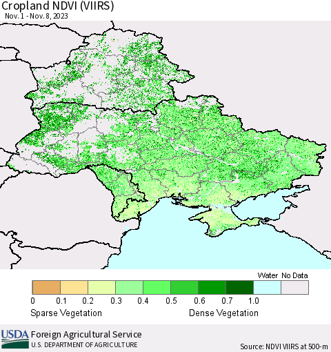 Ukraine, Moldova and Belarus Cropland NDVI (VIIRS) Thematic Map For 11/1/2023 - 11/10/2023
