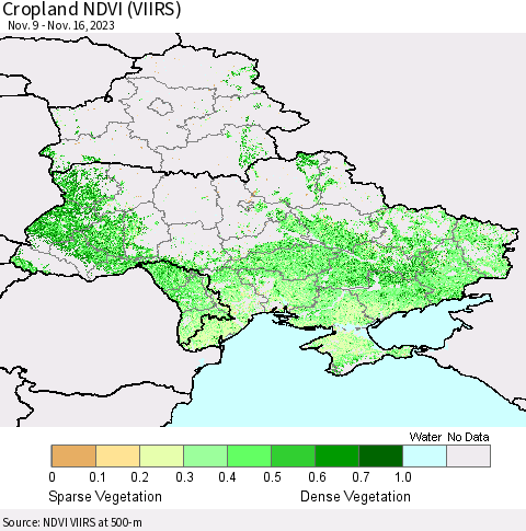 Ukraine, Moldova and Belarus Cropland NDVI (VIIRS) Thematic Map For 11/9/2023 - 11/16/2023