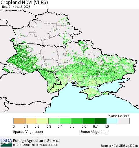 Ukraine, Moldova and Belarus Cropland NDVI (VIIRS) Thematic Map For 11/11/2023 - 11/20/2023